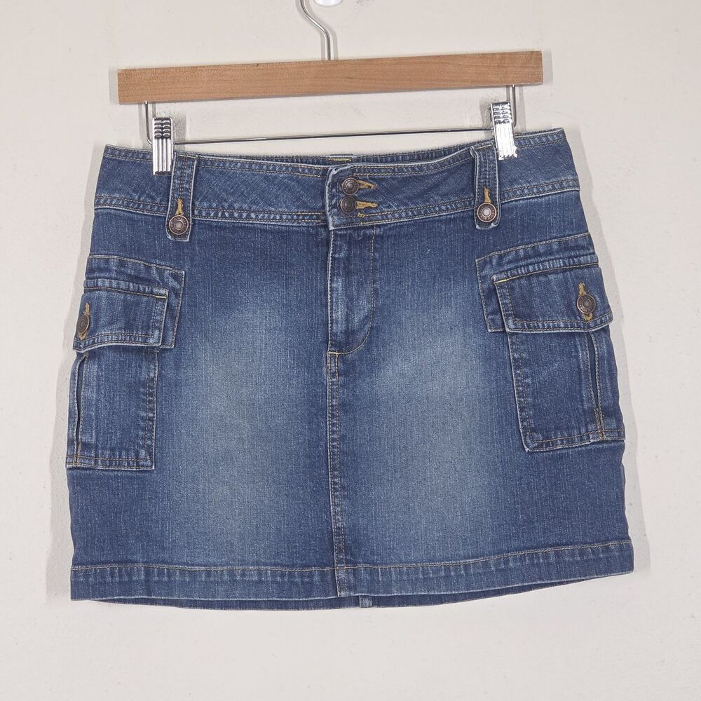 Vtg Y2K Old Navy Denim Jean Cargo Pocket Mini Skirt 8 Preppy Boho Beach Festival